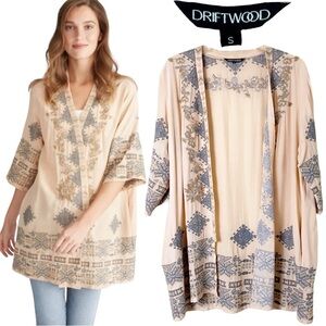 Driftwood Joelle Peach Embroidered Open Front Topper Cardigan Boho Peasant Small